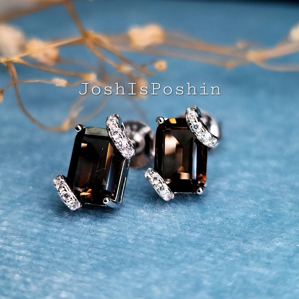3.2CTW emerald shape smoky quartz white diamond stud earrings in sterlin…